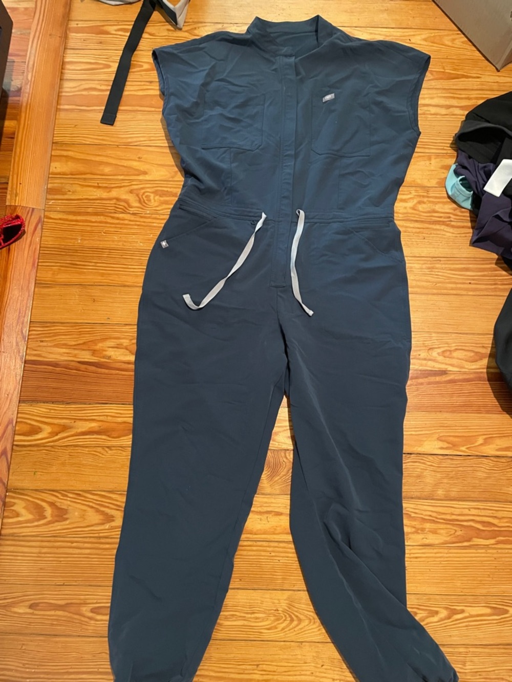 Figs Dark Navy Zip-Front Utility Jumpsuit with Drawstring Waist